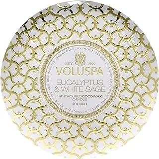 Voluspa Eucalyptus & White Sage Candle | 3 Wick Tin | 12 Oz | 40 Hour Burn Time | All Natural Wicks and Coconut Wax for Clean Burning | Vegan