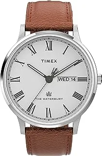 ساعة Timex الرجالية Waterbury Classic Day-Date 40 ملم - هيكل فضي اللون ميناء أبيض مع حزام جلد طبيعي كراميل ، كراميل / فضي / أبيض