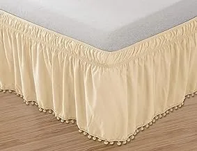 Elegant Comfort Top-Knot Tassle Pompom Fringe Ruffle Skirt Around Style Elastic Bed Wrap- Wrinkle Resistant 16 inch Drop, Queen/King, Beige