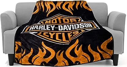 بطانية هارلي ديفيدسون ذات اللون الأسود الكلاسيكي من القطيفة فائقة النعومة / بطانية مقاس كامل أو كوين - برتقالي