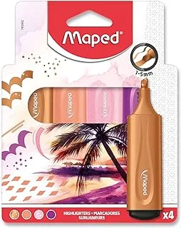 Maped - 4 Fluo'Peps Highlighters – Bevelled Tip – Long Lasting Highlighters – School and Professional Use – Pastel, Fluorescent and Glitter Ink – Sunset Theme Pink/Purple