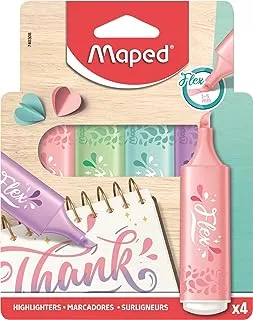 Maped - 4 Pastel Flex Highlighters - Bevelled and Flexible Tip - Long Lasting Highlighters for School, Lettering, Bullet Journal and Professional Use - 4 Random Pastel Colours