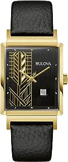 ساعة بولوفا للرجال Frank Lloyd Dana-Thomas House Quartz Watch ، ذهبية ، فرانك لويد رايت Dana-Thomas House Gold-Tone Stainless Steel Black Leather Strap Watch