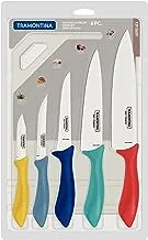 Tramontina 6 Pieces Knives Set With Cutting Board | Stainless Steel Blades Polypropylene Handles Multicolor Chef, Kitchen, Boning, Steak And Vetables Knife Affilata