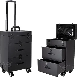 Ver Beauty Rolling Makeup Trolley Salon Cosmetic Hair Stylist and Professional Nail Artist Train Case Hairdressing Organizer Box 360° Swivel Wheels Faux Leather, Black