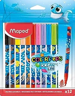 Maped - Ocean Life felt tip pens - pack of 12-2 mm medium tip - perfect for drawing and painting - resistant tip (not blocked) - strong colours - reusable plastic bag