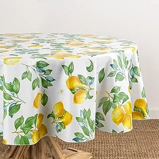 Elrene Home Fashions Vintage Lemon and Citrus Blooms Water- and Stain-Resistant Vinyl Tablecloth with Flannel Backing, 70 Inches X 70 Inches, Round