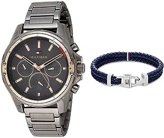 Men Analogue Quartz Watch With Stainless Steel Strap 1791790 + Tommy Hilfiger Men'S Leather Bracelet, Blue