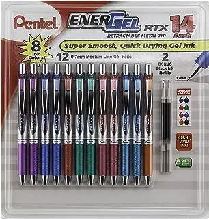 Pentel Energel Rtx قلم ذو طرف معدني قابل للسحب ، 0.7 ملم ، 12 لونًا متنوعًا مع عبوتين (Bl77F14C)