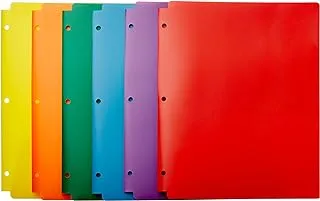 Amazon Basics Plastic 3 Hole Punch Folders with 2 Pockets, Multicolor Pack of 6