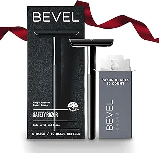 Bevel Safety Razor with Brass Weighted Handle and 10 Double Edge Safety Razor Blade Refills, Single Blade Razor for Men, Designed for Coarse Hair to Prevent Razor Bumps - Black