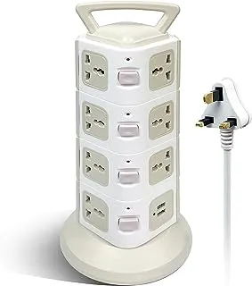 SKY-TOUCH Universal Power Extension Cord with 15 Outlets 2 USB Ports, Vertical Tower Power Strip with Surge Protection, 2M Extension Lead Charging Station with Switch Button