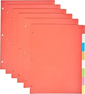 مجموعة مقسمات بلاستيكية مكونة من 3 حلقات من Amazon Basics، فواصل مثقوبة بحجم 3 فتحات بحجم 8 علامات تبويب، 6 عبوات، ألوان متنوعة