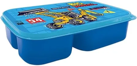 Generic Plastic Construction Vehicle Printed Design Lunch Box with 3 Compartments for Kids, Blue