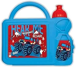 Generic Plastic Car Printed Design Lunch Box and Water Bottle Set for Kids, Light Blue