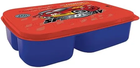 Generic Plastic Race Car Printed Design Lunch Box with 3 Compartments for Kids, Blue/Red