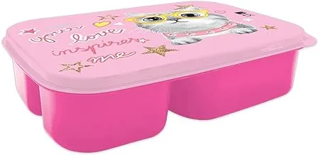 Generic Plastic Cute Cat Printed Design Lunch Box with 3 Compartments for Kids, Pink