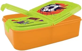 Generic صندوق غداء بلاستيك بتصميم مطبوع لكرة القدم مع 3 أقسام للأطفال، أخضر/برتقالي