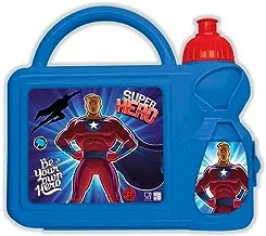 Generic صندوق غداء بلاستيك وزجاجة مياه للأطفال سوبر هيرو، أزرق