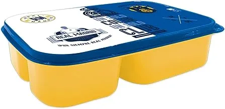 صندوق غداء بلاستيك للأطفال من ريال مدريد، 3 أقسام، أصفر/أزرق