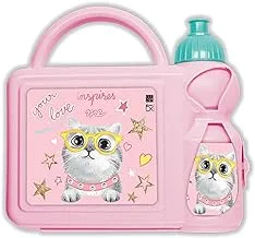 Generic Plastic Cute Cat Printed Design Lunch Box and Water Bottle Set for Kids, Pink
