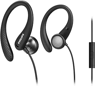 PHILIPS A1105 in-Ear Sports Wired Headphones with Ear Hooks for Secure Fit, Deep bass, in-line Remote Control and Microphone, Sweat-Resistant, 3.5 mm Connector TAA1105BK