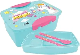 Generic Unicorn Kids Plastic Lunch Box with Fork and Spoon, Blue