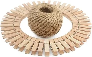 Natural Wooden Clothespins 100Pieces Mini Photo Paper Peg Pin Graft Clips 3.5CM Interior Decorating with Natural Jute Twine 100 Feet for Pictures Strings Clothes Pins Art Craft Photo Hanging Clips