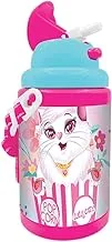 Lulu Caty Plastic Water Bottle with Straw and Strap for Kids, Pink/Blue 450 ml Capacity, 143944