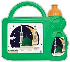 مجموعة علبة غداء وزجاجة مياه بتصميم مطبوع من البلاستيك للأطفال من ماركة Generic، باللون الأخضر