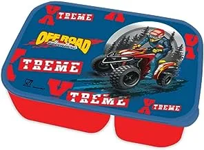Generic Plastic Quad Bike Printed Design Lunch Box with 3 Compartments for Kids, Red/Blue
