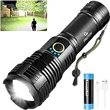 Proton Rechargeable Led Flashlights High Lumens, 90000 Lumens Super Bright Tactical Flashlight with 5 Light Modes and 26650 Battery Zoomable Waterproof for Hiking Camping Cycling black AMP50