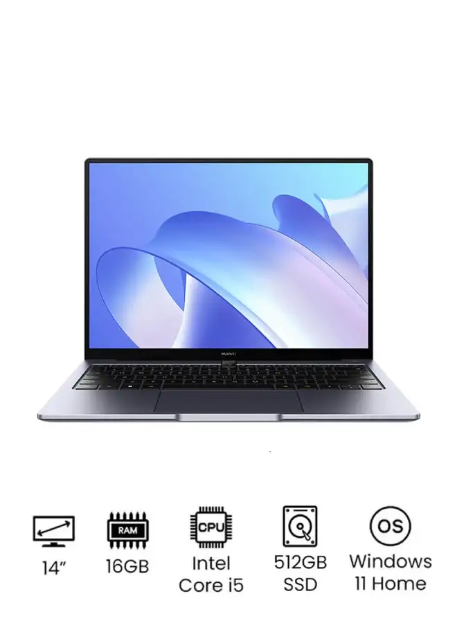 HUAWEI MateBook 14 Laptop With 14-Inch Full HD Display, Core i5-1240P Processor/16GB RAM/512GB SSD/Intel UHD Graphics/Windows 11 Home English/Arabic Space Gray