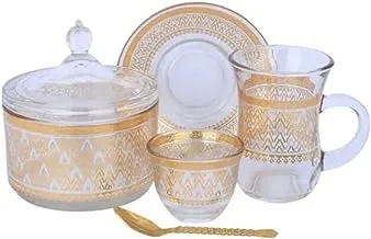 Al Saif Gallery Max Gold and Silver Patterned Glass Tea and Coffee 26-Piece Set, Clear