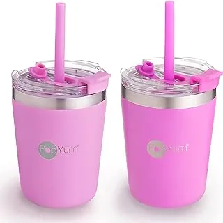 PopYum 9oz Insulated Stainless Steel Kids’ Cups with Lid and Straw, 2-Pack, Purple, Pink, stackable, sippy, baby, child, toddler, tumbler, double wall, vacuum, leak proof