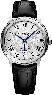 Raymond Weil Maestro Men's Automatic Watch, Stainless Steel, Silver Dial Roman Numerals, Black Leather Strap 39.5 mm (Model: 2238-STC-00659), Silver, Traditional look