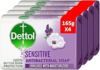Dettol Sensitive Anti-Bacterial Bathing Soap Bar for effective Germ Protection & Personal Hygiene, Protects against 100 illness causing germs, Lavender & White Musk fragrance, 165g, Pack of 4