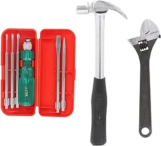 Suzec Johnson Advance Home Kit 5-Pieces Screwdriver Kit (Multicolor) & Adjustable Wrench (200 mm) & Claw Hammer Steel Shaft