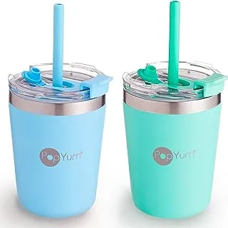 PopYum 9oz Insulated Stainless Steel Kids’ Cups with Lid and Straw, 2-Pack, Blue, Green, stackable, sippy, baby, child, toddler, tumbler, double wall, vacuum, leak proof