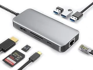 موزع USB C 8 في 1 ECVV، محول متعدد المنافذ، محول HDMI 4K/منفذ إيثرنت 100 ميجا بت في الثانية/شحن PD/منفذ USB 3.0 ومنفذ USB 2.0/SD وقارئ بطاقة TF لأجهزة الكمبيوتر المحمول وأجهزة النوع C