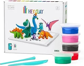 HEY CLAY - Dinos Set-Colourful Modeling Kids-Air Dry Clay Kit 15 cans and Sculpting Tools with Fun Interactive Instructions App, Multicoloured