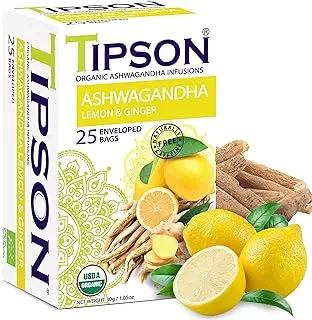 Tipson Organic Herbal Tea Ashwagandha with Lemon & Ginger, 25 Tea Bags