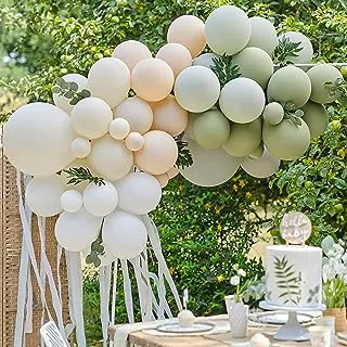 Ginger Ray Taupe, Peach & Sage Balloon Arch with Eucalyptus, Sage Foliage and Streamers