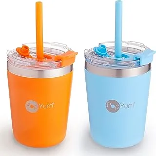 PopYum 9oz Insulated Stainless Steel Kids’ Cups with Lid and Straw, 2-Pack, Orange, Blue, stackable, sippy, baby, child, toddler, tumbler, double wall, vacuum, leak proof
