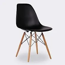 كرسي جانبي بنمط تناول الطعام من ECVV بأرجل خشبية طبيعية، كرسي غرفة الطعام إيفل، كرسي صالة، قاعدة أرجل إيفل، مقعد بلاستيكي مصبوب، كراسي جانبية علوية | أسود|
