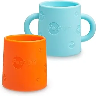 PopYum Silicone Training Cup 2-Pack for Baby and Toddler, handles, BPA Free, self feeding training, tumbler (sky blue and PopYum orange)