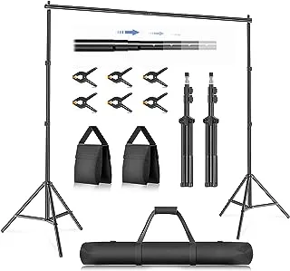 Adjustable Photo Backdrop Stand 10ft x 7ft/ 3x2m, Stretch Photo Studio background Support System for Wedding Parties Portrait Photography Background stand with 4 Crossbars, 6 Clamps, 2 Sandbags