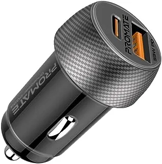 Promate USB-C™ Car Charger, Ultra-Compact Dual Port Car Adapter with Super-Fast 33W USB Type-C™ Power Delivery Port and High-Speed 18W Qualcomm QC 3.0 USB Port, DriveGear-PD33