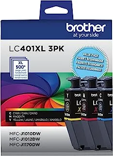 Brother Genuine LC401XL 3PK High Yield 3-Pack Color Ink Cartridges Includes 1- Cartridge Each of Cyan, Magenta and Yellow Ink.