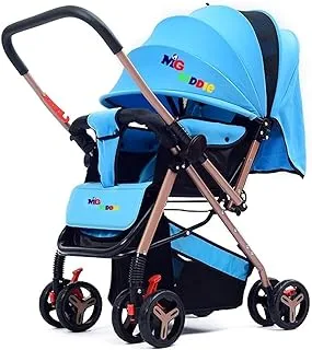 عربة أطفال MG Kiddie للأطفال من عمر 0 ​​إلى 3 سنوات مع مقبض قابل للتعديل/قابل للعكس، سلة تخزين كبيرة، صينية أمامية، مظلة من الكتان، مسند ظهر قابل للتعديل - 602B أزرق